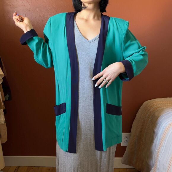 vtg 80s color blocked green open front blazer size 14 made in USA casual - Picture 1 of 12